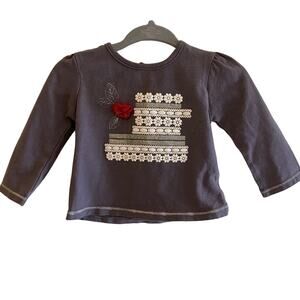 Petit Lem Gray Long-Sleeved Cake Flower Embellished Cotton Top Size 6 Months